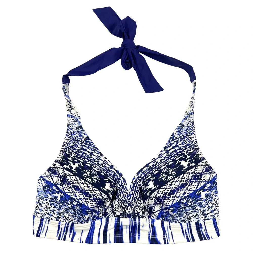 Athleta Blue White Ikat Halter Underwire Bikini Top 32 B/C Beach Coastal Pool